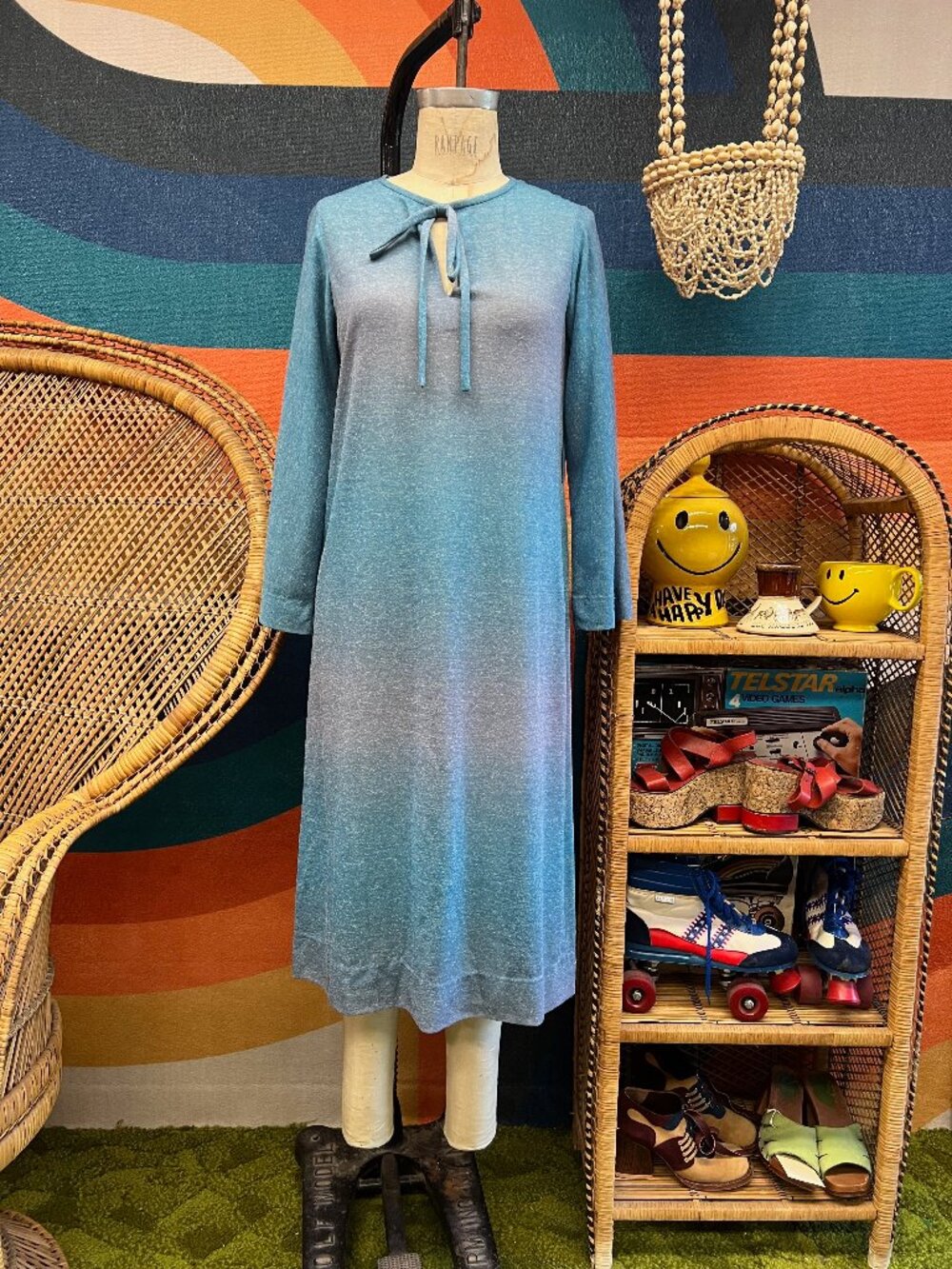 EUC Vintage Kimberly Wool Rabbit Hair Blue Ombre Midi Dress Tie Neck Long Sleeve
